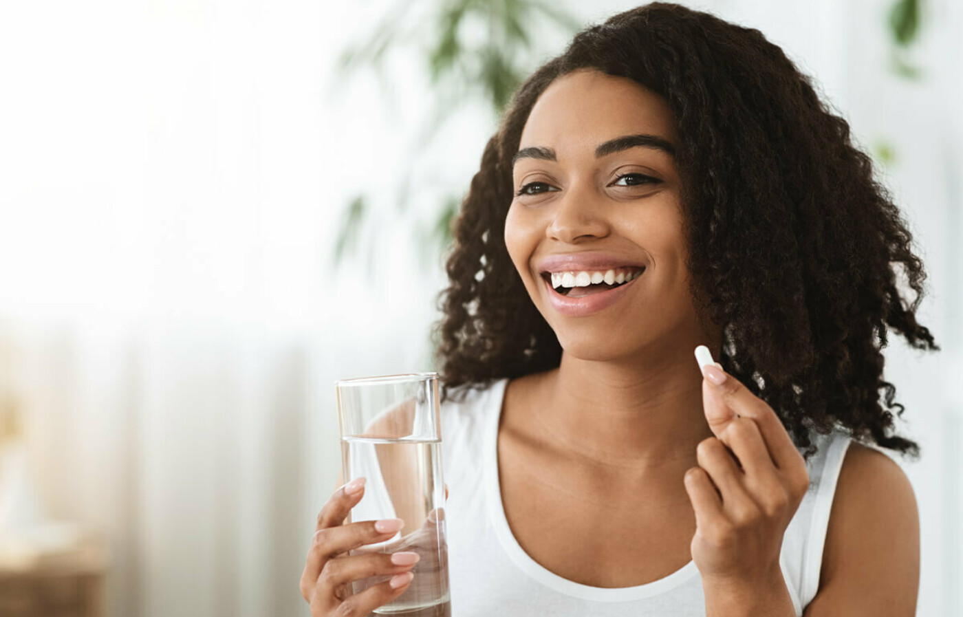happy woman eating snacks