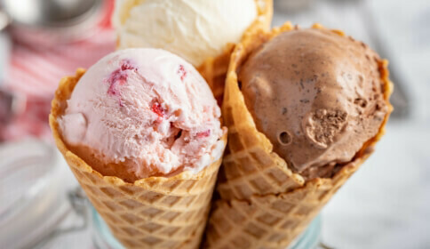 three waffle cones with ice cream